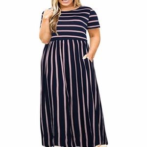 🆕Plus Size Maxi Dress with Pockets -Navy Striped
